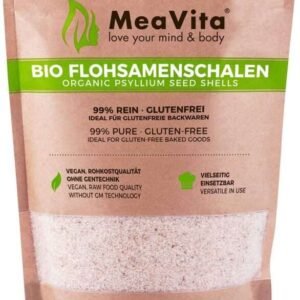 plantago Cáscaras de psyllium orgánico MeaVita, 99% puro, (1 x 500g) cáscaras de psyllium indio, alta fibra y vegano