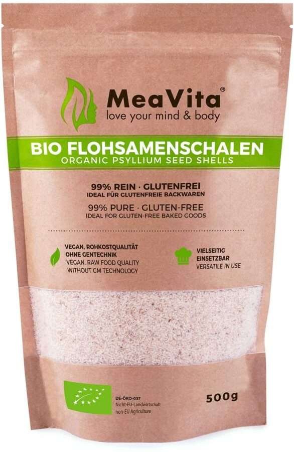 plantago Cáscaras de psyllium orgánico MeaVita, 99% puro, (1 x 500g) cáscaras de psyllium indio, alta fibra y vegano