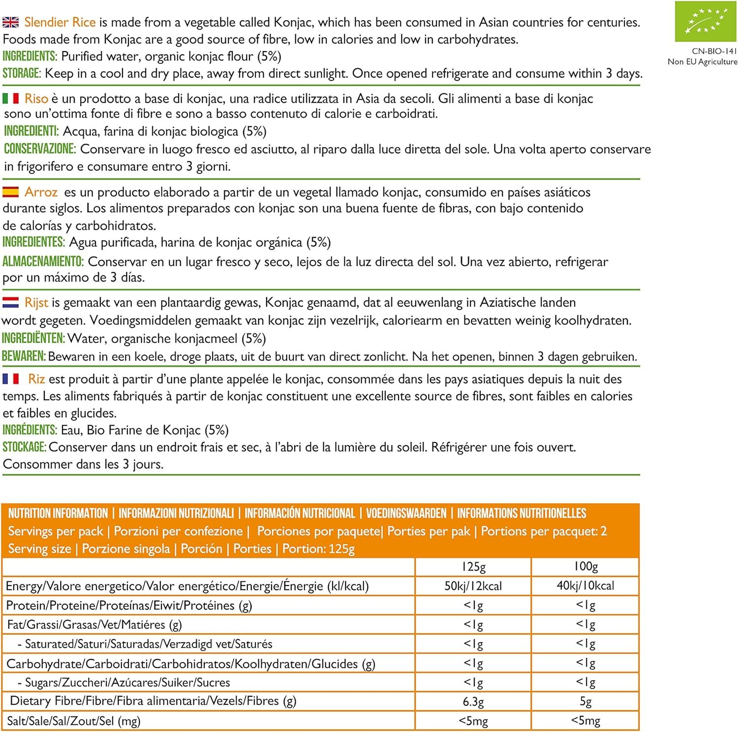 6x Slendier Bio Konjac Arroz 400g