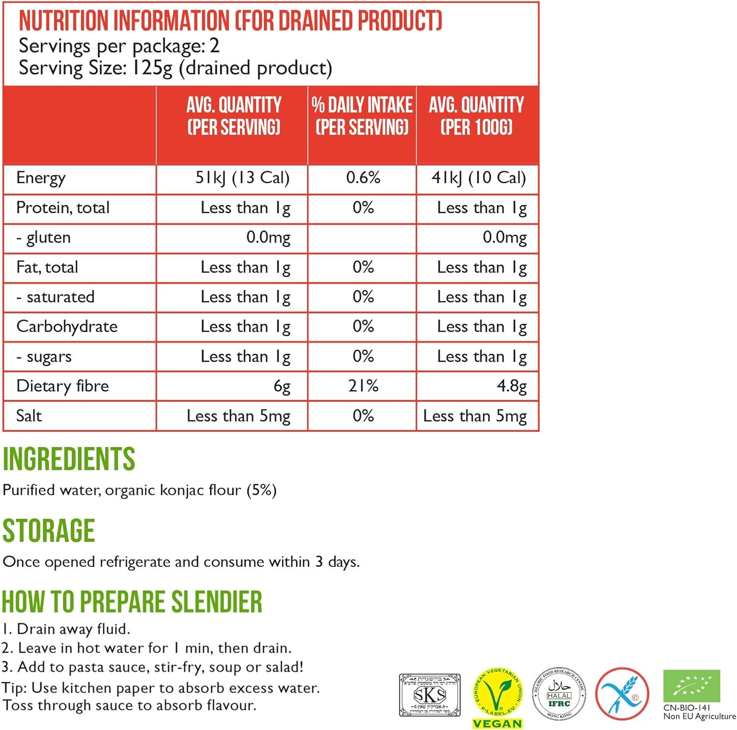 6x Slendier Bio Konjac Espagueti 400g