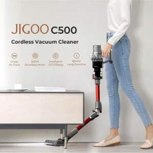 JIGOO Aspirador Escoba Sin Cable con Sensor Antiácaros, Aspirador Sin Cable 500W/33KPa, Pantalla Táctil LED, Tubo Plegable 180°, 60 Min, con Multivelocidad, para Alfombras y Cocina, C500