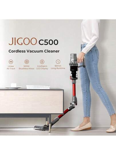 JIGOO Aspirador Escoba Sin Cable con Sensor Antiácaros, Aspirador Sin Cable 500W/33KPa, Pantalla Táctil LED, Tubo Plegable 180°, 60 Min, con Multivelocidad, para Alfombras y Cocina, C500