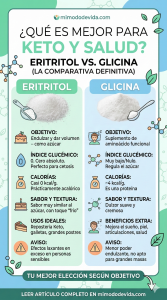 Infografía comparativa de eritritol y glicina para endulzar comidas en la dieta cetogénica - mimododevida.com
