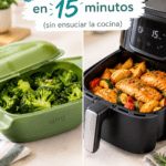 Una composición dividida (split screen). A un lado, un estuche Lékué con un brócoli vibrante recién hecho; al otro, una freidora de aire con alimentos dorados. Debe transmitir limpieza, rapidez y practicidad.