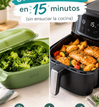 Una composición dividida (split screen). A un lado, un estuche Lékué con un brócoli vibrante recién hecho; al otro, una freidora de aire con alimentos dorados. Debe transmitir limpieza, rapidez y practicidad.