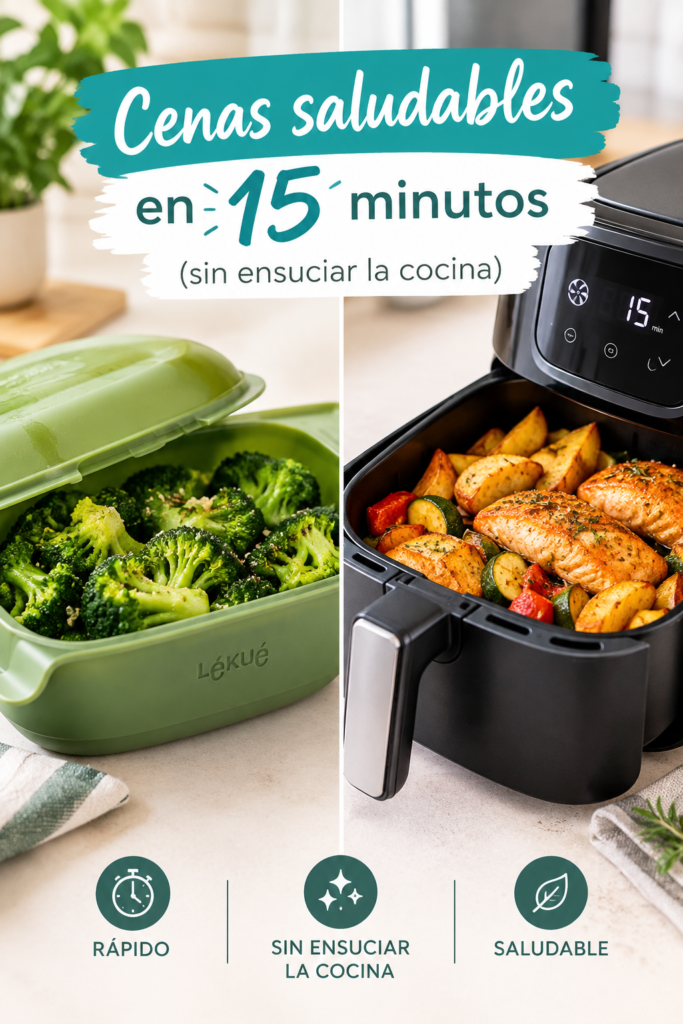 Una composición dividida (split screen). A un lado, un estuche Lékué con un brócoli vibrante recién hecho; al otro, una freidora de aire con alimentos dorados. Debe transmitir limpieza, rapidez y practicidad.